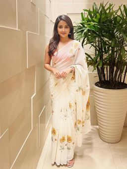 Anjaneya Sarees - White Designer Linen Silk Printed With Unstitched Blouse