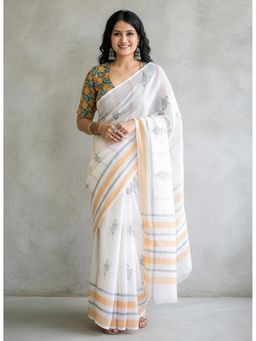 Anjaneya Sarees - White Designer Linen Silk Printed With Unstitched Blouse