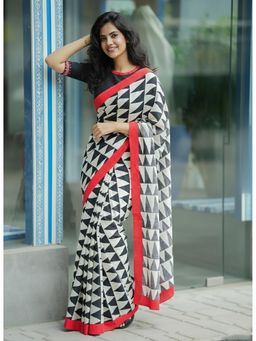 Anjaneya Sarees - White Designer Linen Silk Printed With Unstitched Blouse