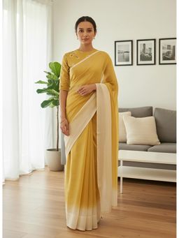 Anjaneya Sarees - Yellow Designer Linen Silk With Unstitched Blouse