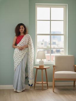 Anjaneya Sarees - White Designer Linen Silk Printed With Unstitched Blouse