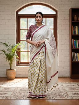 Anjaneya Sarees - Beige Designer Linen Silk Printed With Unstitched Blouse