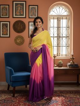 Anjaneya Sarees - Yellow Designer Linen Silk With Unstitched Blouse