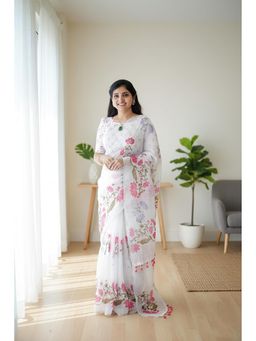 Anjaneya Sarees - White Designer Linen Silk Printed With Unstitched Blouse