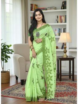 Anjaneya Sarees - Green Designer Linen Silk With Unstitched Blouse
