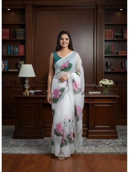 Anjaneya Sarees - White Designer Linen Silk Printed With Unstitched Blouse
