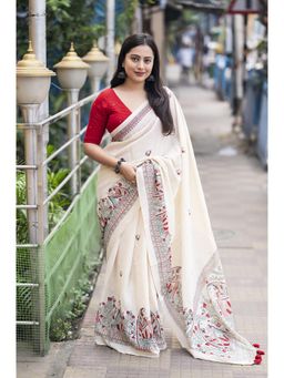 Anjaneya Sarees - Beige Designer Linen Silk Printed With Unstitched Blouse
