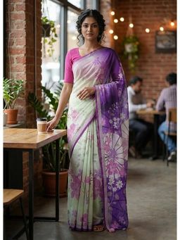 Anjaneya Sarees - Purple Designer Linen Silk With Unstitched Blouse