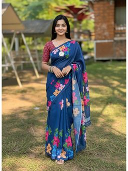 Anjaneya Sarees - Blue Designer Linen Silk Printed With Unstitched Blouse