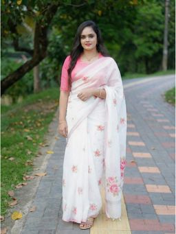 Anjaneya Sarees - White Designer Linen Silk With Unstitched Blouse