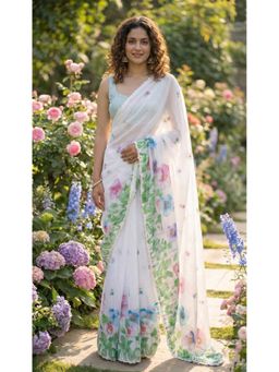 Anjaneya Sarees - White Designer Linen Silk Printed With Unstitched Blouse