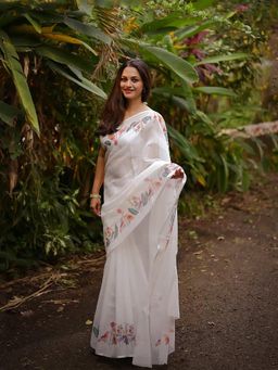 Anjaneya Sarees - White Designer Linen Silk Printed With Unstitched Blouse