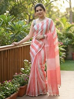 Anjaneya Sarees - Peach Designer Linen Silk With Unstitched Blouse