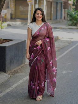 Anjaneya Sarees - Purple Designer Linen Silk Printed With Unstitched Blouse