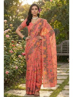Anjaneya Sarees - Orange Designer Linen Silk Printed With Unstitched Blouse