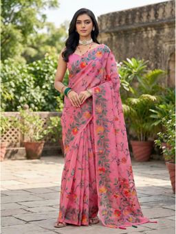 Anjaneya Sarees - Pink Designer Linen Silk With Unstitched Blouse