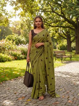 Anjaneya Sarees - Green Designer Linen Silk Printed With Unstitched Blouse
