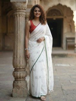 Anjaneya Sarees - White Designer Linen Silk Printed With Unstitched Blouse