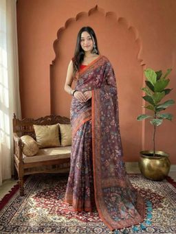 Anjaneya Sarees - Wine Designer Linen Silk With Unstitched Blouse