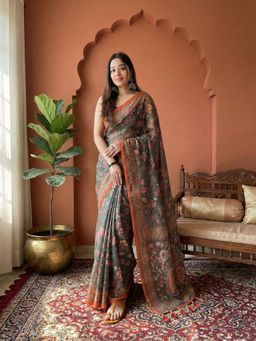 Anjaneya Sarees - Green Designer Linen Silk With Unstitched Blouse