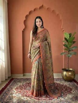 Anjaneya Sarees - Green Designer Linen Silk With Unstitched Blouse