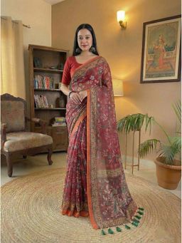 Anjaneya Sarees - Red Designer Linen Silk With Unstitched Blouse