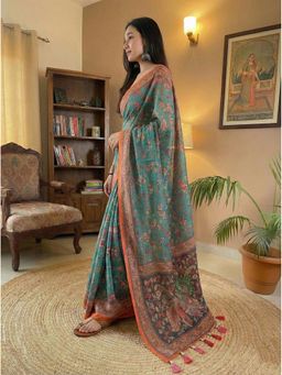 Anjaneya Sarees - Teal Designer Linen Silk With Unstitched Blouse
