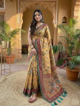 Anjaneya Sarees - Yellow Designer Linen Silk Printed With Unstitched Blouse