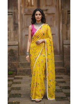 Anjaneya Sarees - Yellow Designer Linen Silk Printed With Unstitched Blouse