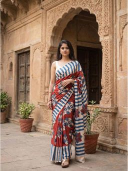 Anjaneya Sarees - Red Designer Linen Silk Printed With Unstitched Blouse