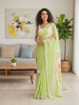 Anjaneya Sarees - Green Designer Linen Silk Printed With Unstitched Blouse