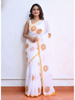 Anjaneya Sarees - White Designer Linen Silk With Unstitched Blouse