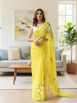 Anjaneya Sarees - Yellow Designer Linen Silk With Unstitched Blouse