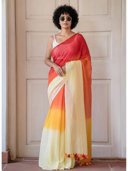 Anjaneya Sarees - Orange Designer Linen Silk With Unstitched Blouse