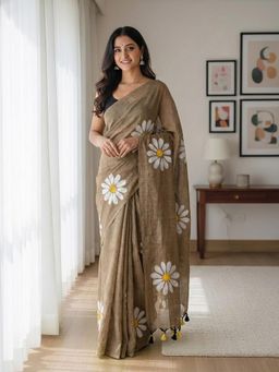 Anjaneya Sarees - Brown Designer Linen Silk With Unstitched Blouse