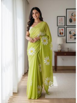 Anjaneya Sarees - Green Designer Linen Silk With Unstitched Blouse