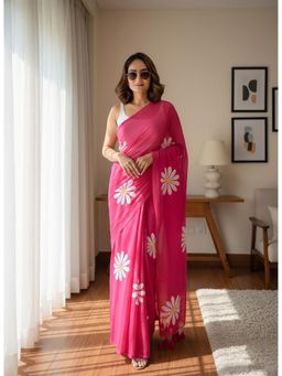 Anjaneya Sarees - Pink Designer Linen Silk With Unstitched Blouse