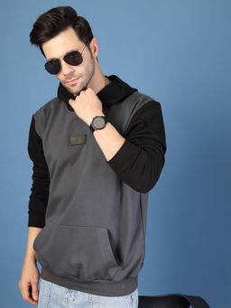 RIGO - Men Dark Grey Fleece Colorblocked Hoodie