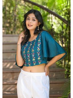 Juniper - Blue Thread Embroidered Liva Rayon Crop Top with Mirror Work