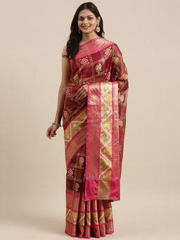 Banarasi Silk Works - Maroon & Pink Rajkot Patola Art Silk Saree with Unstitched Blouse