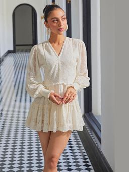 Kay Kay BY KKHUSHI SAHAII - Jacquard Off White Mesh A Line Mini Dress