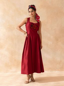 MoonTara - Cotton Maroon Sleeveless Embroidered Midi Dress