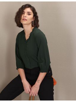 U.S. POLO ASSN. - Dark Green Ruffled V-Neck Solid Top