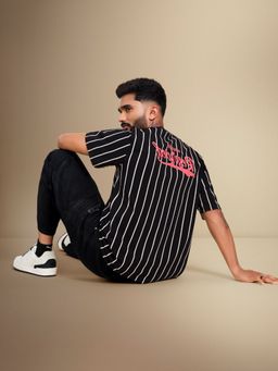 WROGN - Puff Print Striped Black Oversized Fit T-Shirt