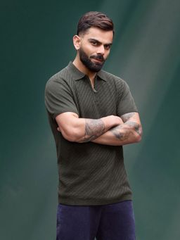 WROGN - Textured Men's Casual Slim Fit Olive Polo T-Shirt