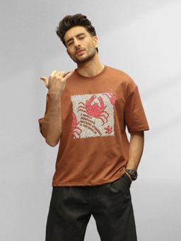 WROGN - Oversized Fit Puffer Printed T-Shirt Brown