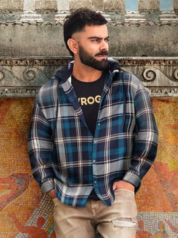 WROGN - Navy Blue Checks Hooded Casual Shirt