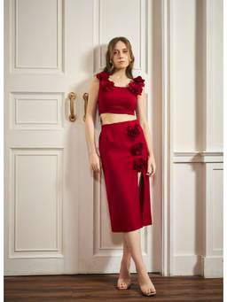Weaving Cult - Women Red Rose Crop Top With Slit Skirt