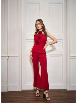 Weaving Cult - Red Women Tie-Up Rose Top With Pant