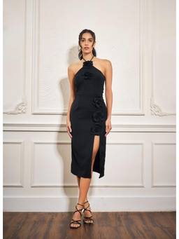 Weaving Cult - Women Black Rose Halter Top With Slit Skirt